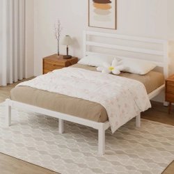 Minimalist Modern White Wood Bed Frame with Headboard