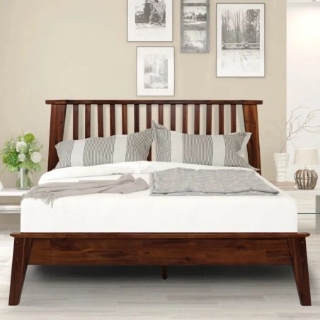 Solid Wood Slatted Headboard Bed Frame for Bedroom