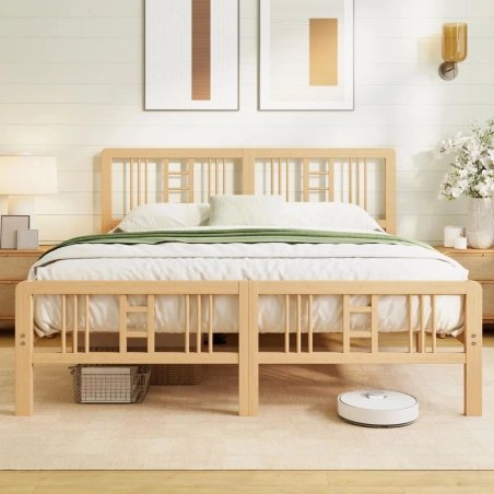 Solid Wood Platform Bed Frame with Slatted Headboard and Footboard