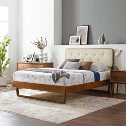 Mid-Century Modern Tufted Fabric Upholstered Platform Bed Frame