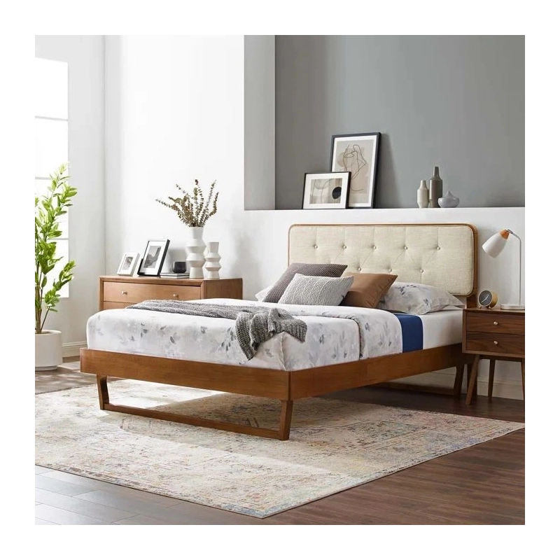 Mid-Century Modern Tufted Fabric Upholstered Platform Bed Frame Mid-Century Modern Tufted Fabric Upholstered Platform Bed Frame