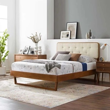Mid-Century Modern Tufted Fabric Upholstered Platform Bed Frame