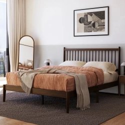 Mid-Century Modern Wooden Spindle Headboard Bed Frame