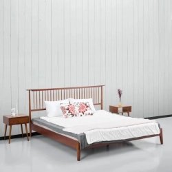 Mid-Century Modern Solid Wood Bed Frame and Nightstand Set