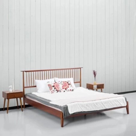 Mid-Century Modern Solid Wood Bed Frame and Nightstand Set