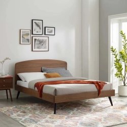 Mid-Century Modern Wood Platform Bed Frame with Curved Headboard