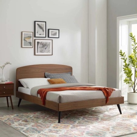 Mid-Century Modern Wood Platform Bed Frame with Curved Headboard