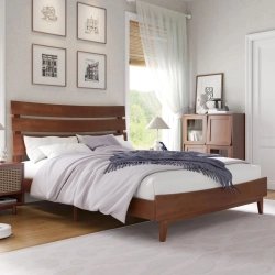 Mid-Century Modern Wooden Bed Frame with Slatted Headboard
