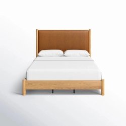 Minimalist Modern Wood Bed Frame with Brown Upholstered Headboard