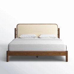 Modern Minimalist Wooden Bed Frame with Upholstered Headboard