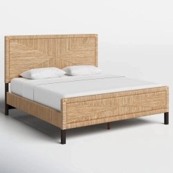 Coastal Woven Rattan Pattern Queen Bed Frame | Handcrafted Bedroom Furniture