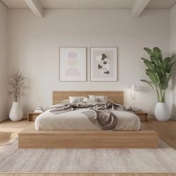 Minimalist Modern Wooden Bed Frame with Integrated Nightstands
