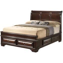 Elegant Dark Brown Wooden Sleigh Bed Frame with Storage Drawers