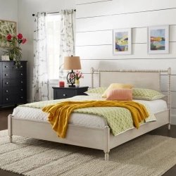 Farmhouse White Washed Wood Bed Frame with Spindle Details