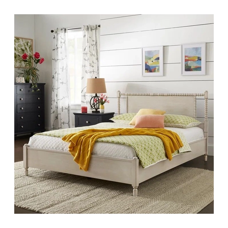 Farmhouse White Washed Wood Bed Frame with Spindle Details Farmhouse White Washed Wood Bed Frame with Spindle Details