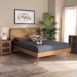 Mid-Century Modern Wooden Bed Frame with Rattan Headboard