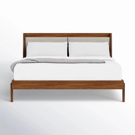 Modern Solid Wood Bed Frame with Upholstered Headboard