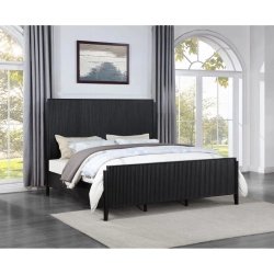 Modern Black Wood Bed Frame with Fluted Headboard and Footboard King Size