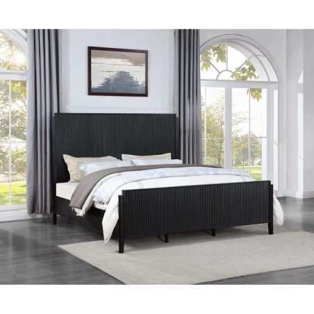Modern Black Wood Bed Frame with Fluted Headboard and Footboard King Size