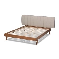 Mid-Century Modern Wood Bed Frame with Fabric Headboard