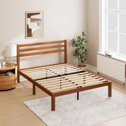 Minimalist Solid Wood Bed Frame with Slatted Headboard