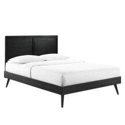 Modern Black Wood Platform Bed Frame with Grid Panel Headboard