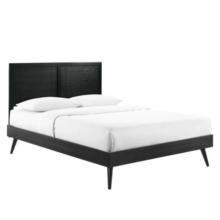 Modern Black Wood Platform Bed Frame with Grid Panel Headboard