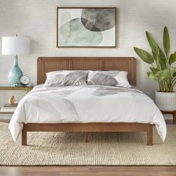 Queen Size Mid-Century Modern Solid Wood Rattan Bed Frame