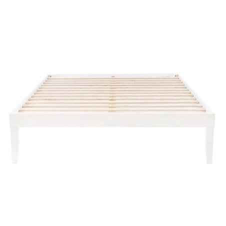 Minimalist Wooden Bed Frame with Slat Support, White Finish