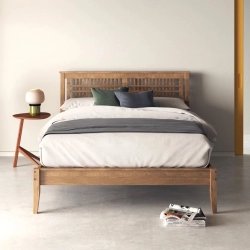 Modern Minimalist Wood Bed Frame with Slatted Headboard, Queen Size