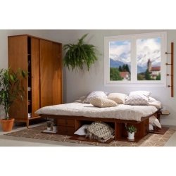 Modern Minimalist Wooden Bed Frame with Storage and Sliding Wardrobe