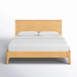 Modern Minimalist Wood Bed Frame with Slatted Headboard