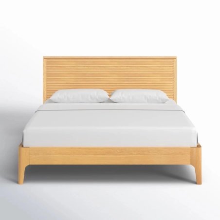 Modern Minimalist Wood Bed Frame with Slatted Headboard
