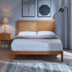 Modern Minimalist Wooden Bed Frame with Diagonal Headboard Accent