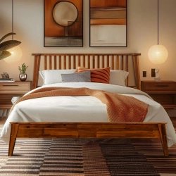 Solid Wood Platform Bed Frame with Slatted Headboard - Modern Design