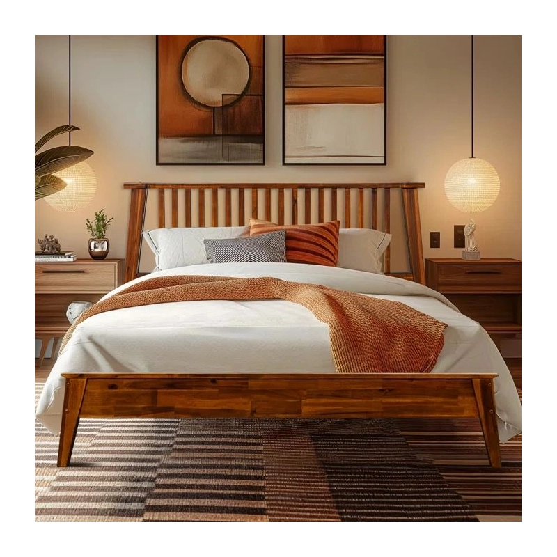 Solid Wood Platform Bed Frame with Slatted Headboard - Modern Design Solid Wood Platform Bed Frame with Slatted Headboard - Modern Design