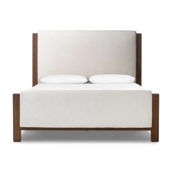 Minimalist Modern Upholstered Bed Cream Fabric Brown Wood Frame