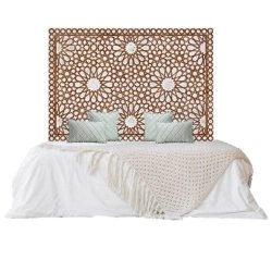 Handcrafted Wooden Bed Headboard with Moroccan Geometric Carving and Inlay