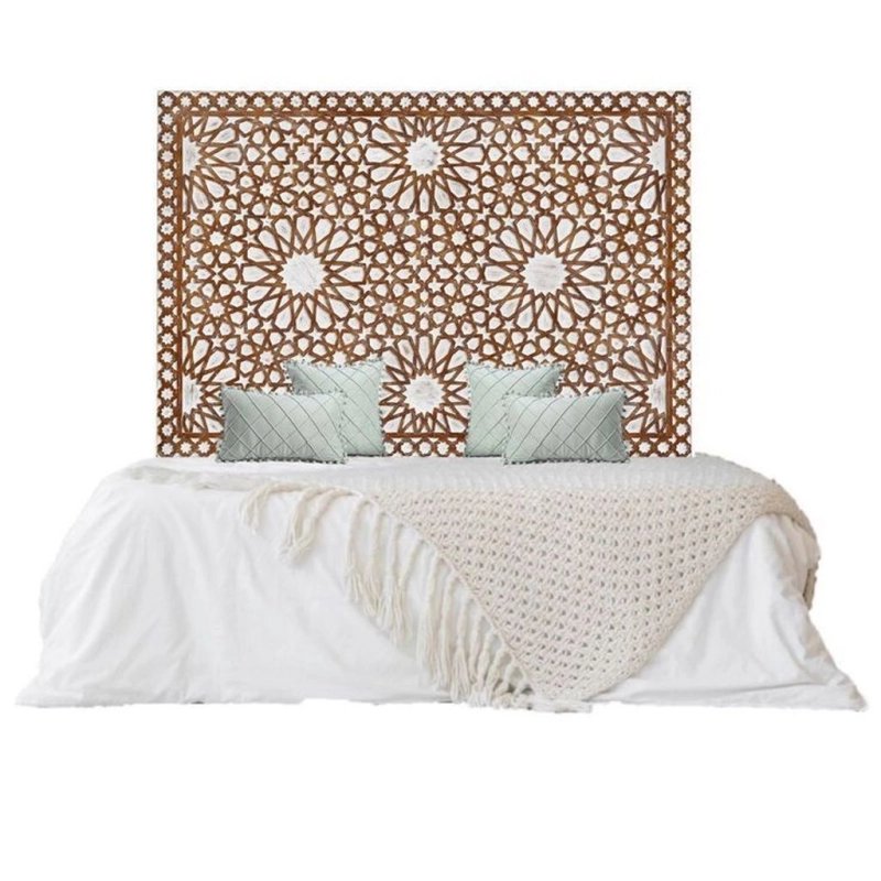 Handcrafted Wooden Bed Headboard with Moroccan Geometric Carving and Inlay Handcrafted Wooden Bed Headboard with Moroccan Geometric Carving and Inlay