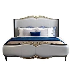 Luxury Upholstered Bed with Gold Accents and Elegant Design