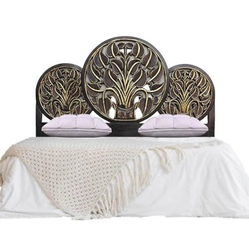Handcrafted Carved Wood Bed Headboard with Antique Gold Finish
