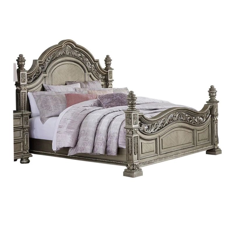 Classic Ornate Carved Wood Panel Bed with Posts Classic Ornate Carved Wood Panel Bed with Posts