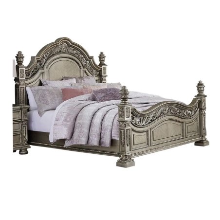 Classic Ornate Carved Wood Panel Bed with Posts