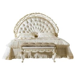 Luxury Classic Ornate White and Gold Tufted Bed Set with Bench