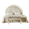 Luxury Classic Ornate White and Gold Tufted Bed Set with Bench