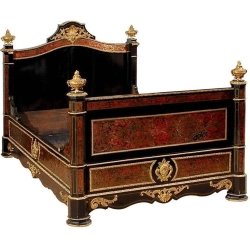 Ornate Black and Red Louis XIV Style Bed with Gold Accents