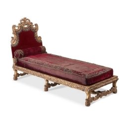 Elegant Classic Gilded Wood Red Velvet Chaise Lounge Sofa