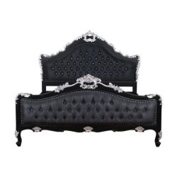 Luxury Black Tufted Upholstered Bed with Ornate Silver Accents