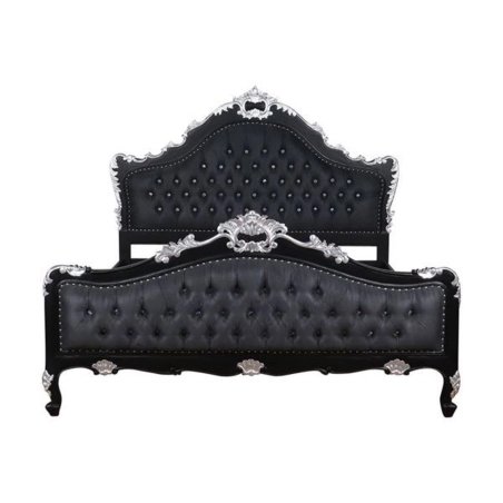 Luxury Black Tufted Upholstered Bed with Ornate Silver Accents