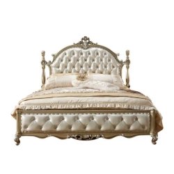 Luxury Tufted Upholstered Bed with Ornate Gold Finish Frame, Elegant Bedroom Furniture